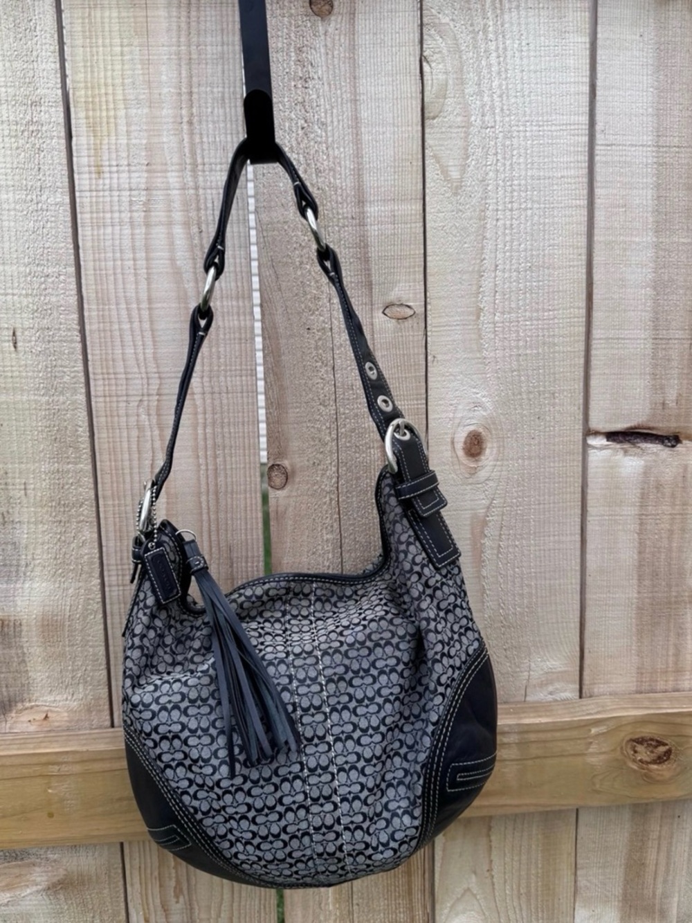 Coach Black Signature-Print Shoulder Bag with Tassel Accent